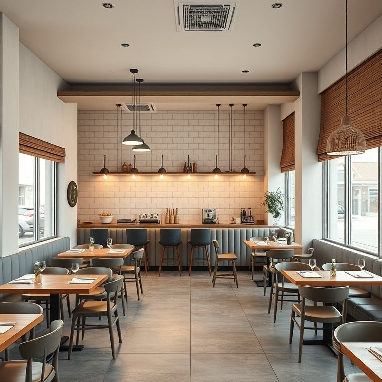 Modern cafe interior, clean lines, granny flat design.  Restaurant space, professional aesthetic.