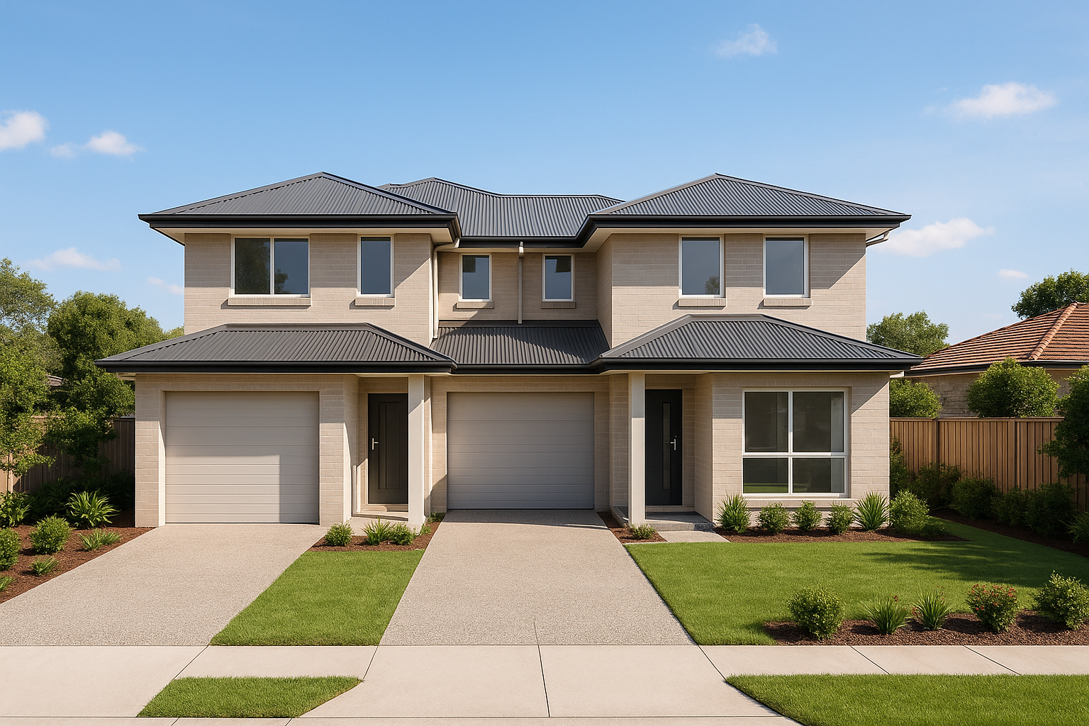 3D elevation artists impression of a completed dual occupancy townhouse development for Newcastle council DA approval